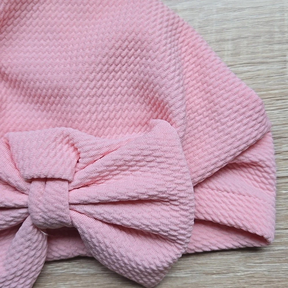 Baby Girl Pink Turban Hat Waffle Knit Big Bow Beanie Wrap Headband Sz 0-12M